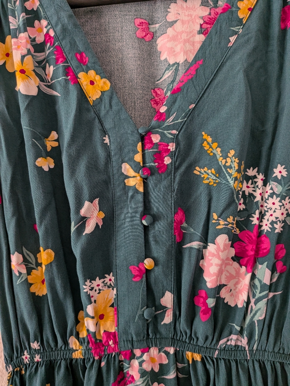 Old Navy Green Pink Floral Ruffle Sleeve Midi Dress Size Small - Picture 7 of 13